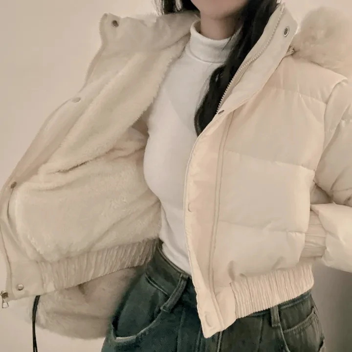 New Winter Warm Hooded Down Cotton Jacket Women Thickened Fleece Lining Big Fur Collar Long Sleeve Short Parkas Jacket Coat