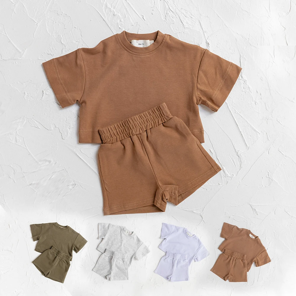 2023 European New Fashion Men's and Women's Baby Set Solid Summer Short Sleeve Shorts Two Piece Sports Set Newborn Baby Clothing