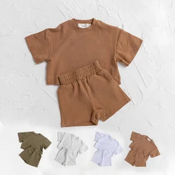 2023 European New Fashion Men's and Women's Baby Set Solid Summer Short Sleeve Shorts Two Piece Sports Set Newborn Baby Clothing