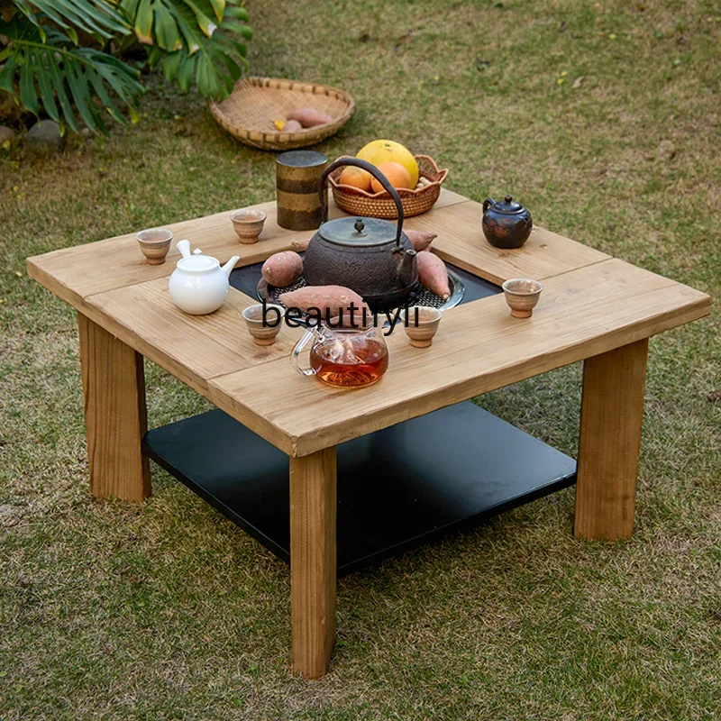 

xz1Solid wood square tea table, fire heating, low table, outdoor balcony, homestay, household log wind
