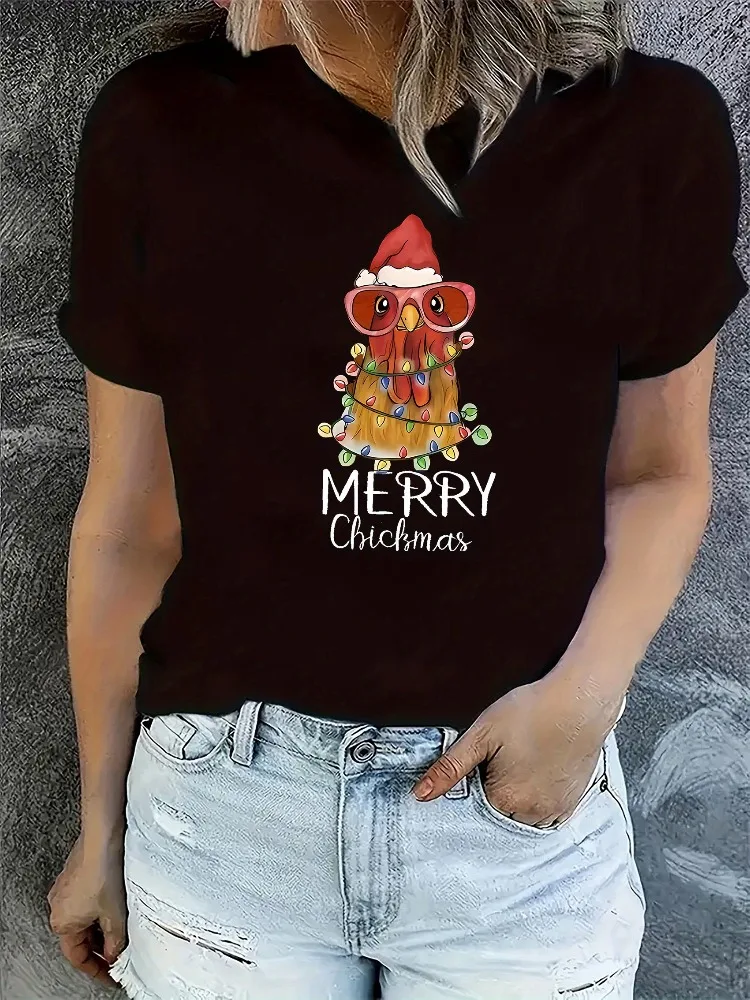 

Women's Casual Cartoon Chicken Print Crew Neck T-Shirt Cotton Short Sleeve T-Shirt Holiday Comfort Top Merry Christmas Chick