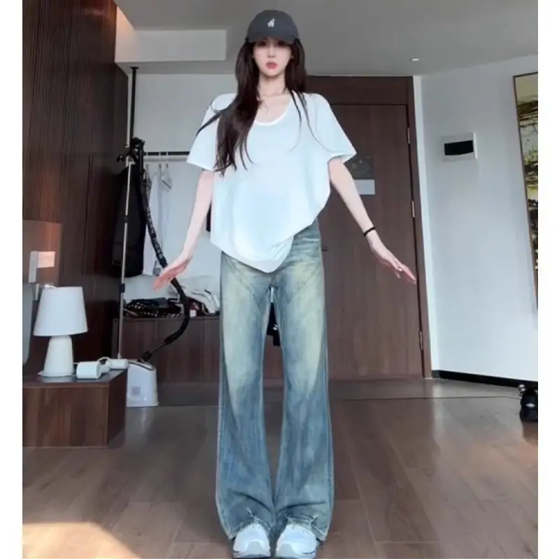 Retro Wide Leg Jeans High Waisted Loose Hanging Straight Leg Pants Floor Length Pants