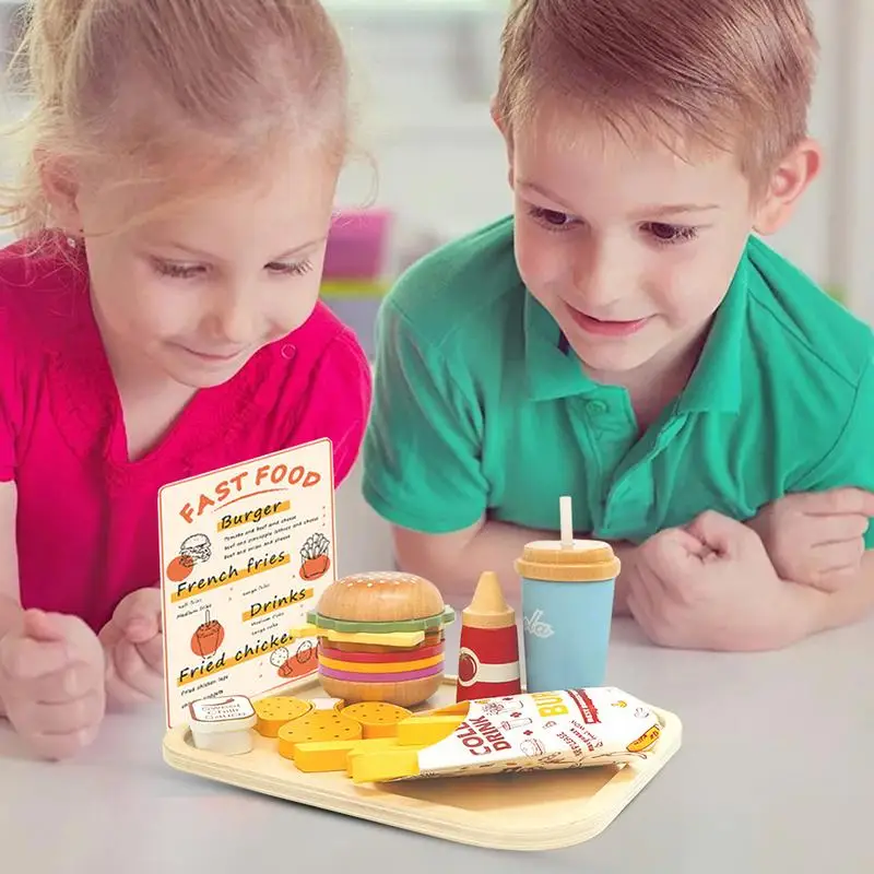 Gioca al set di cibo per bambini Cucina Hamburger Patatine fritte Pollo fritto Bevande Gioca Accessori da cucina Hamburger Patatine fritte Fritte