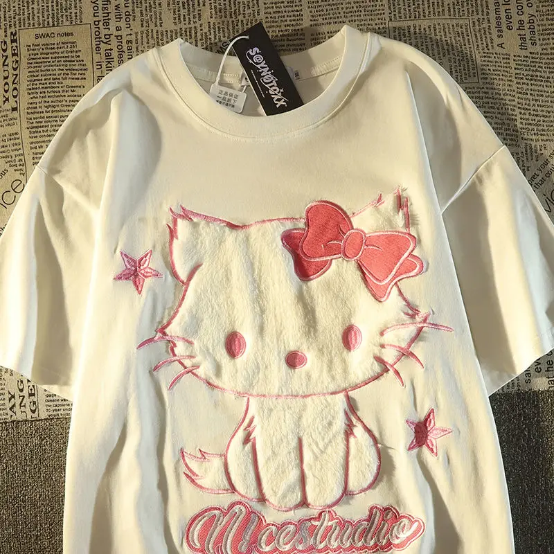 Sanrio Cute Hello Kitty ricamo estate nuova maglietta manica corta donna Patchwork Versatile top di media lunghezza Y2k Harajuku Tees