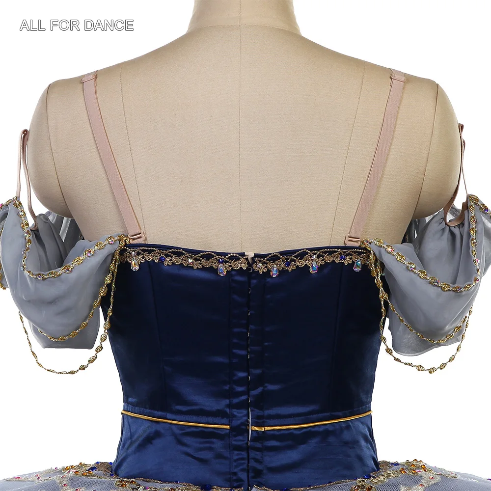 B26639 ネイビーブルー プロフェッショナル バレエ チュチュ ゴールドトリム付き YAGP または舞台パフォーマンス用のオーダーメイド バレエ チュチュ