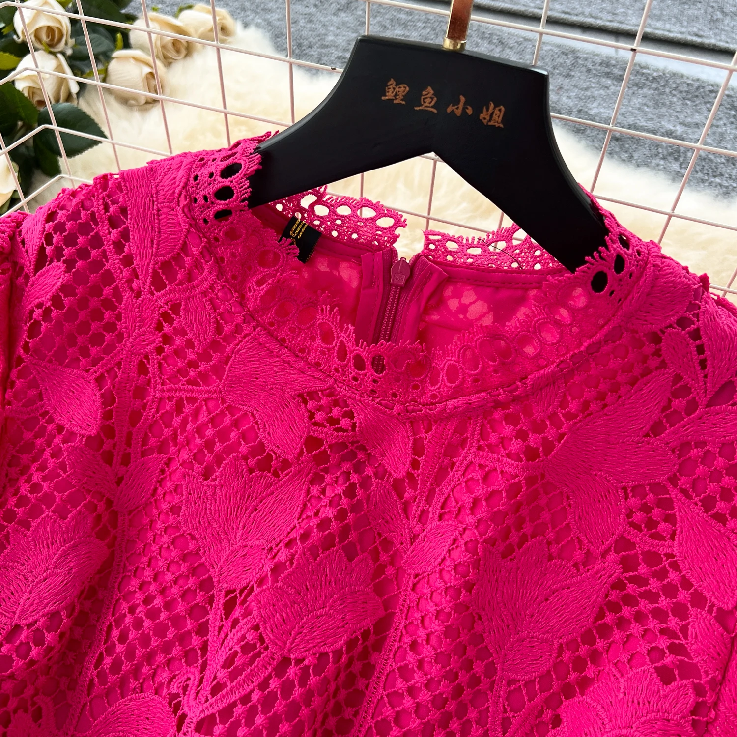 Elegant O-neck Vintage Long Sleeve Chic Hook Flower Hollow Slim Lace Dresses French Fashion Evening High Street Autumn Clothing
