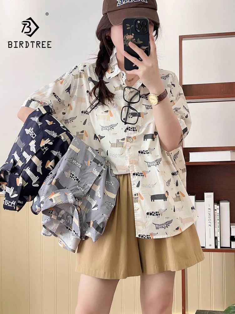 

Новинка, летняя хлопковая Повседневная рубашка с коротким рукавом, Женские топы с отложным воротником и мультипликационным принтом, свободные милые блузки для девушек в офисном стиле, осень 2024, T45949QC