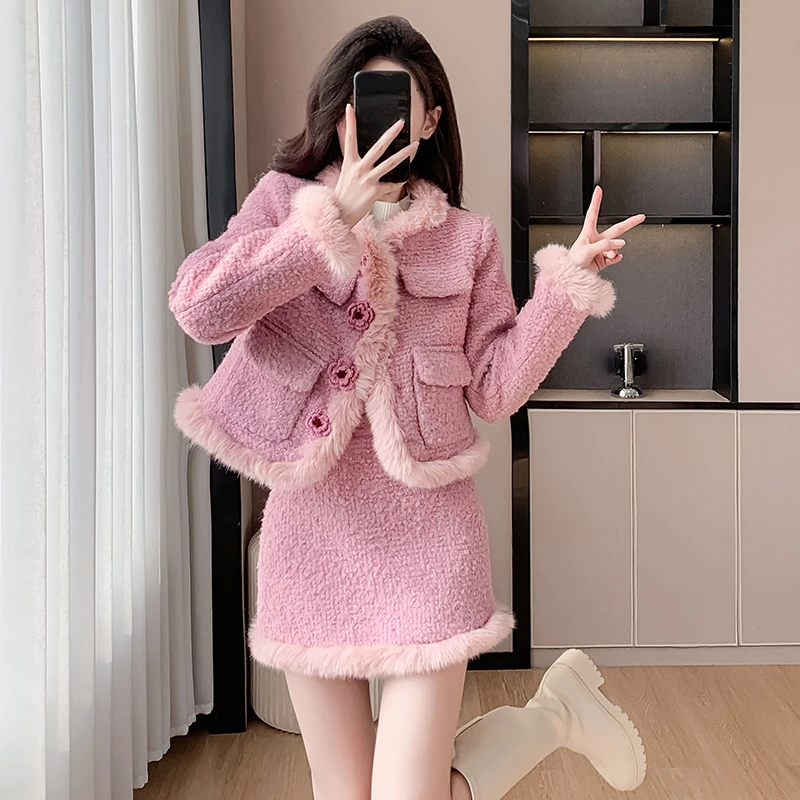 

2 Piece Fall Winter Women Fur Patchwork Sweet Elegant Coat Sets , Woman Clothing 2024 Thick Flower Button A Line Skirt Sets