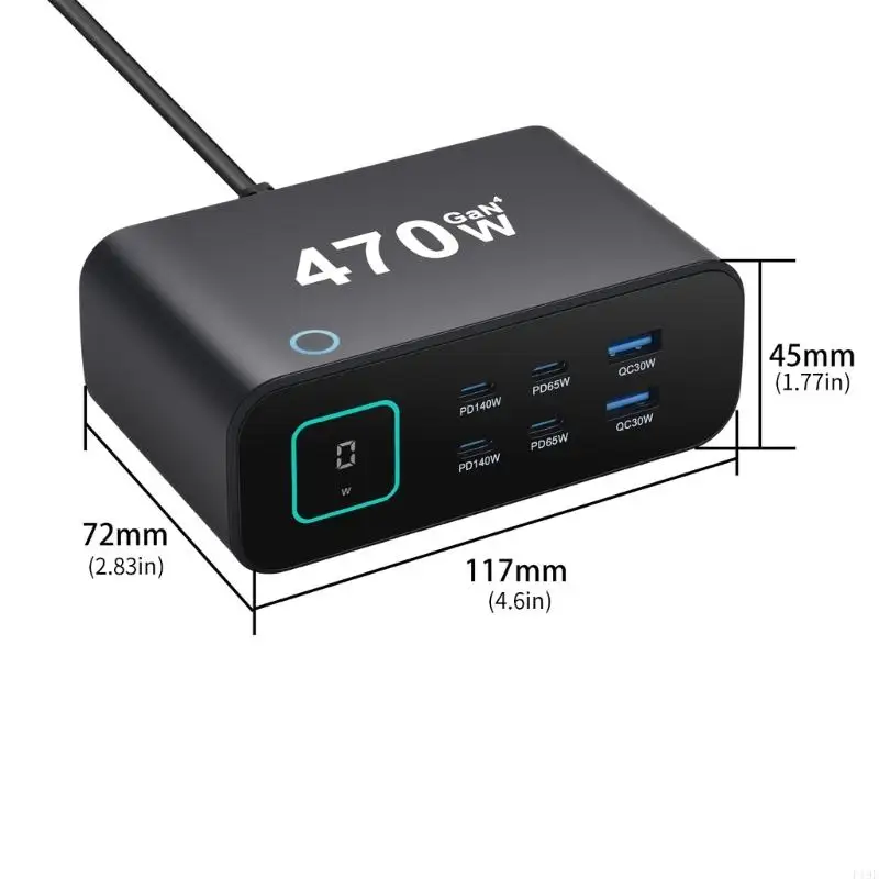 470W Desktop With Digital Display PD140W 6 Port Fast Charging For Multiple Devices with Plug F19E