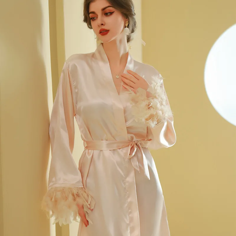 Feather Kimono Bathrobe Lady Satin Nightwear Lounge Sleepwear Sexy Nightdress Bride Wedding Morning Gown Women Casual Nightgown