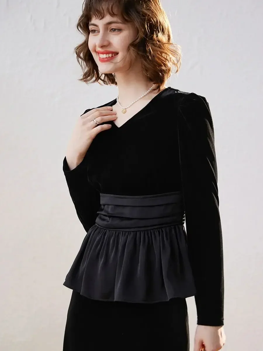 LOUIS YAO Women Velvet Top 2023 Autumn Vintage V-neck Long Sleeve Shirt Spliced Hem Design Women Tops