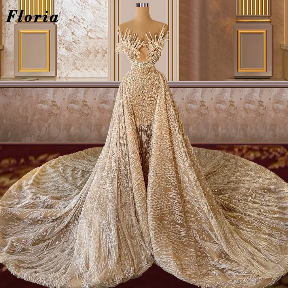 

Floria Saudi Arabia Full Beads Prom Dresses Detachable Skirt Dubai Couture Long Formal Celebrity Dress Wedding Evening Gowns