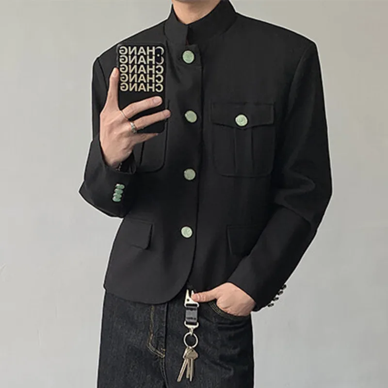 WTHT Fashion Men’s Solid Color Pockets Stand Collar Blazer Coats Trendy Loose Long Sleeves Single-breasted Jackets Male 2A0430