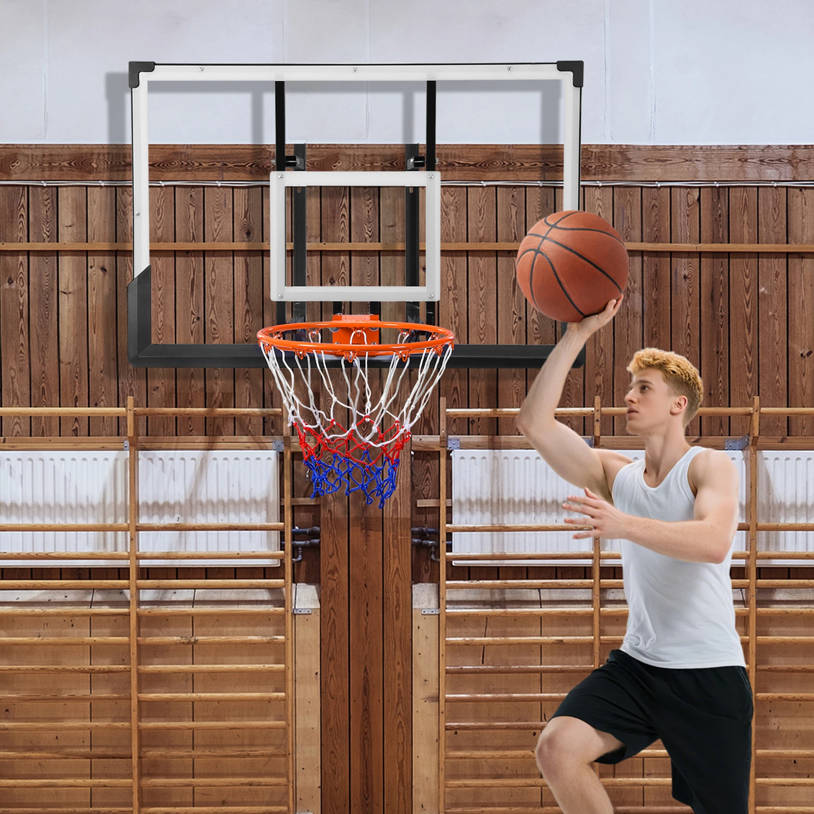 

Wall Mounted Basketball Goal 47-Inch Indoor Outdoor Basketball Hoop for Garage Fitness Center Barn School Gym Driveway