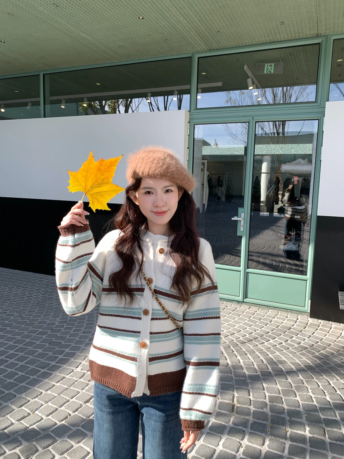 

Женский длинный тонкий зимний вязаный свитер-пальто ViKingpear Mint Pear Stripe Color Blo с пуговицами