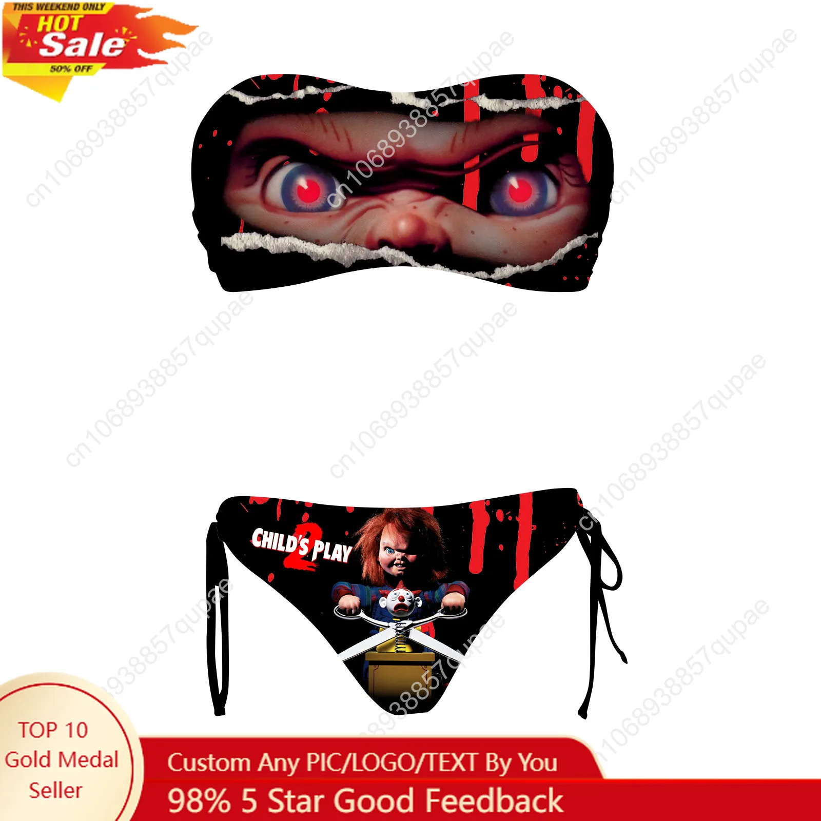 

Horror Movie Childs Play Chucky Flats Custom Swimsuit Womens Drawstring Two Piece Set Bathing Suits Pool Beach Bikini Beachwear