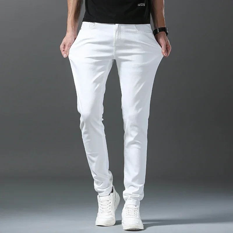 2024 Spring Summer New 98%Cotton Men's Slim Jeans Straight Casual Fashion Pencil Pants High Quality Trousers Male Clothes White