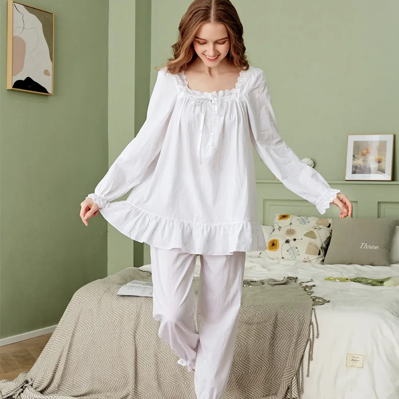 Women White Princess Sleepwear Pure Cotton Pajamas Sets Vintage Lace Square Collar Long Sleeve Sleep Tops Bottoms Bloomers Pants images - 6