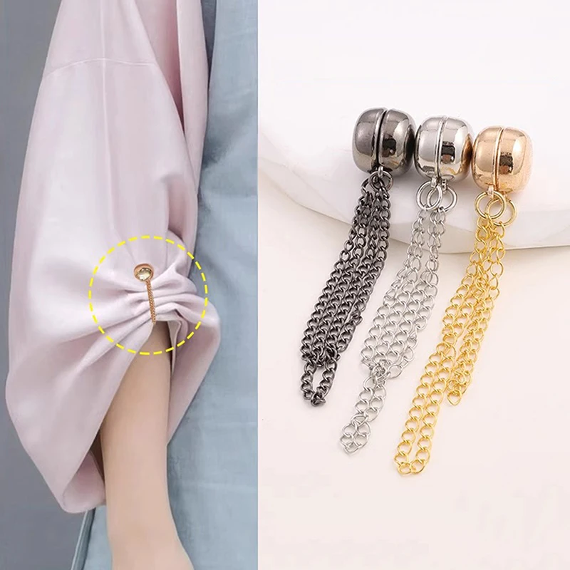 S 2pcs Multi-Function Magnetic Clothing Clip With Chain Metal Buttons Clip Clothes Scarf Trouser Legs Cuff Fixing Magnet Pin