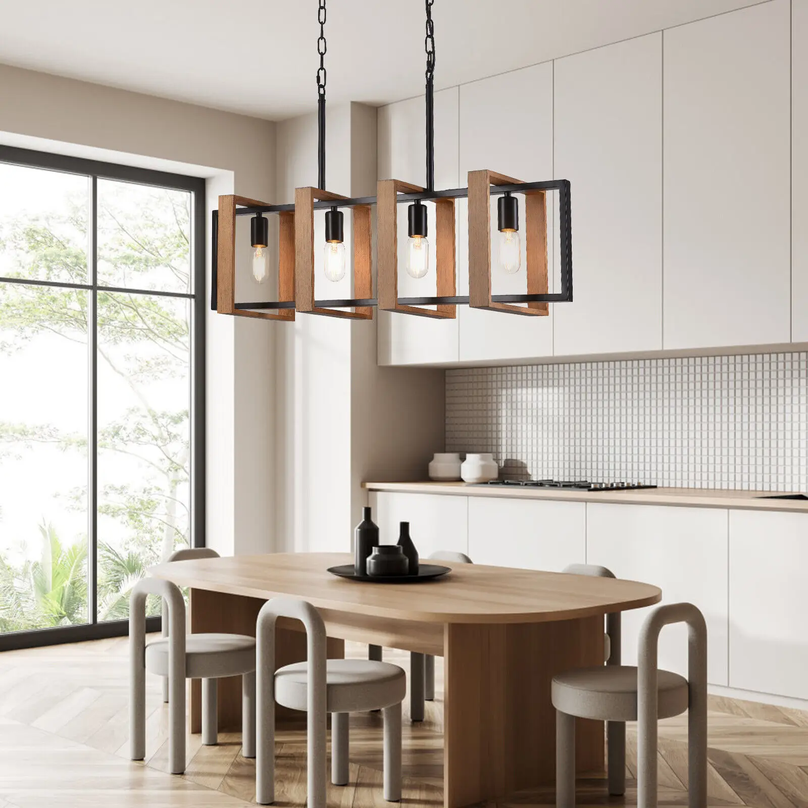 

Stylish Kitchen Island Pendant Lamp - Modern Wooden 4-Head Chandelier, Creative Home Decor Ideal for Dining Hall & Living Room