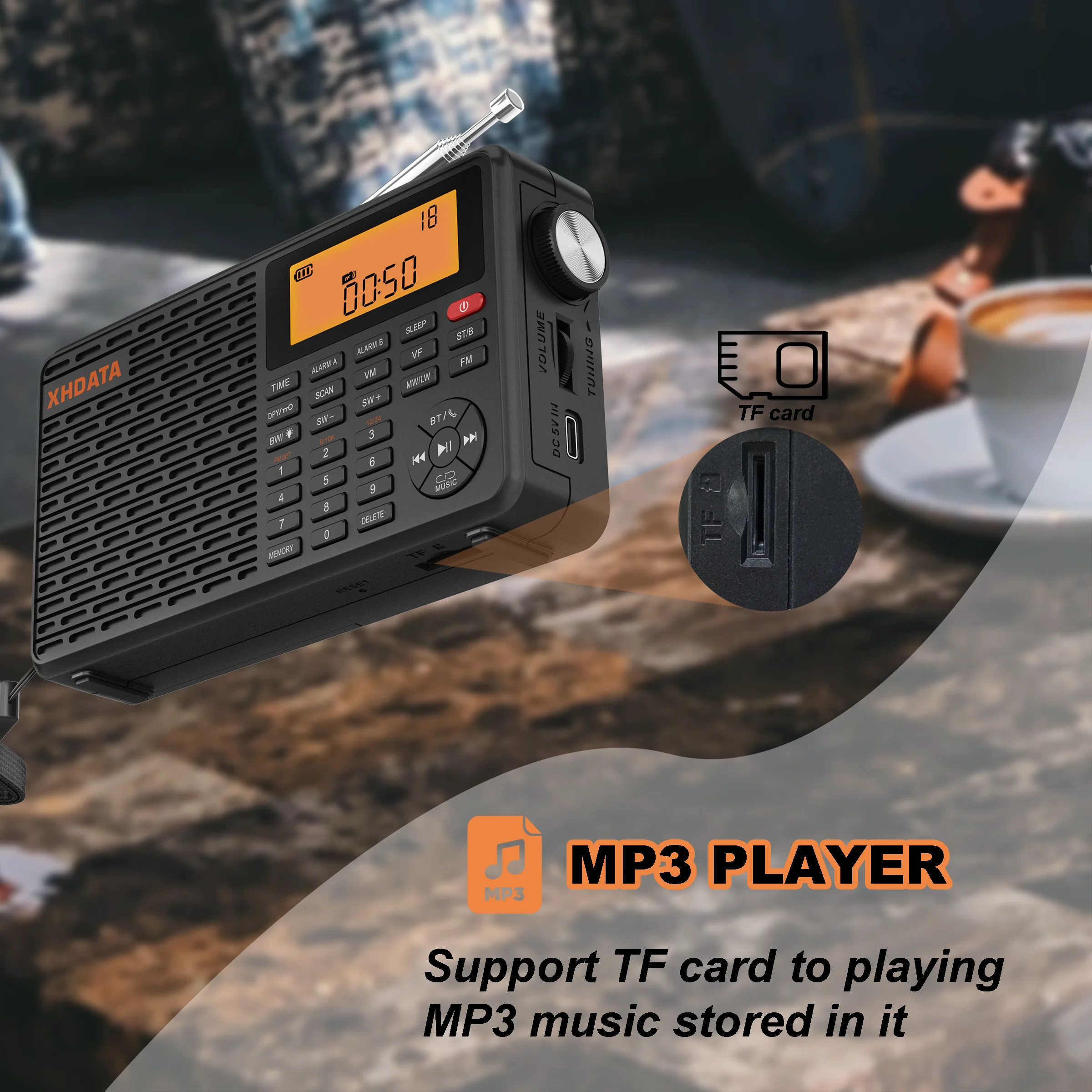 XHDATA D-109 Stereo Digital Portable Radio AM SW MW FM Radio Bluetooth Compatible Multifunctional Radio Support TF Card Player