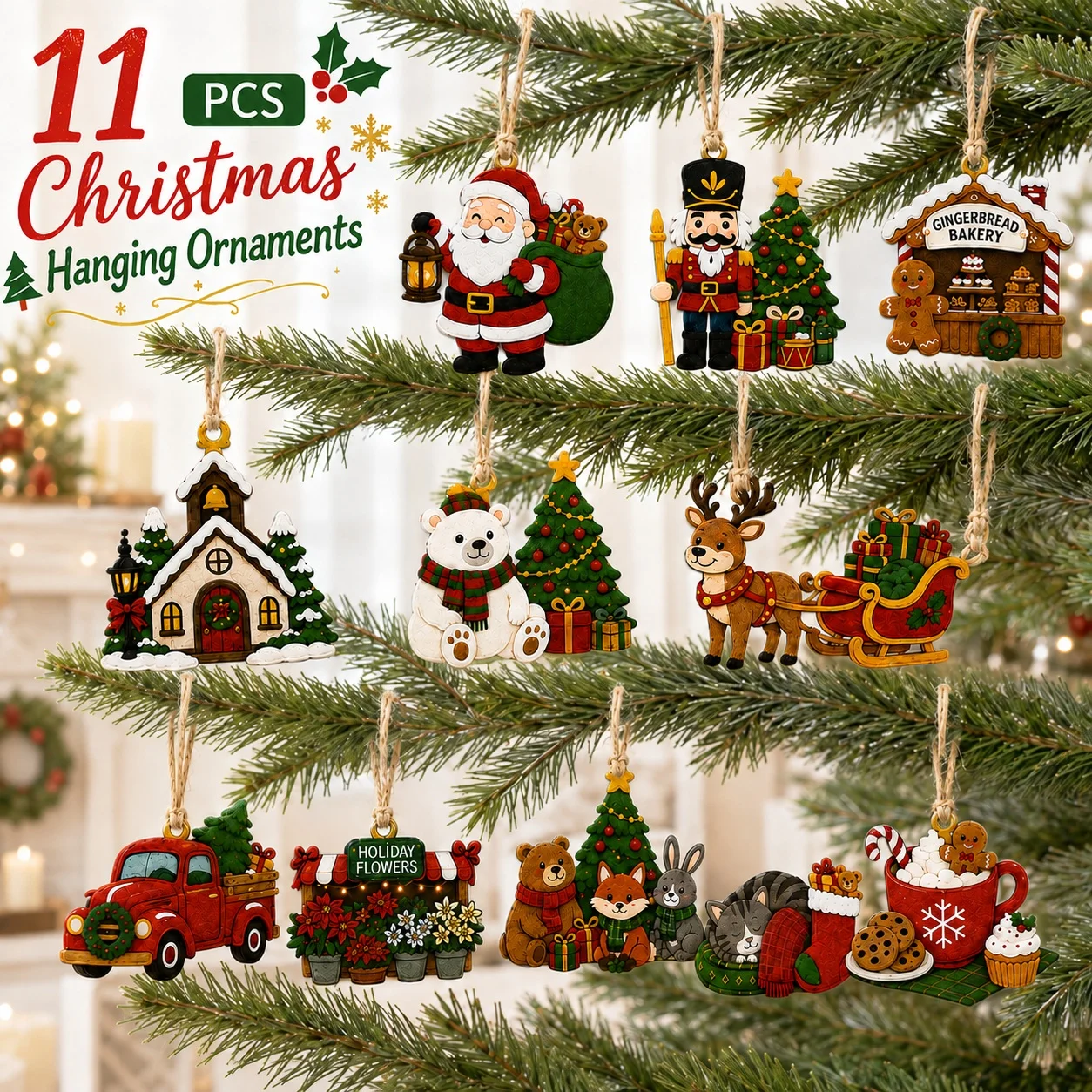 11 PCS Christmas 2D Flat Felt Hanging Ornaments, Christmas Holiday Felt Decor Pieces, DIY Holiday Decor for Home Party Hangings
