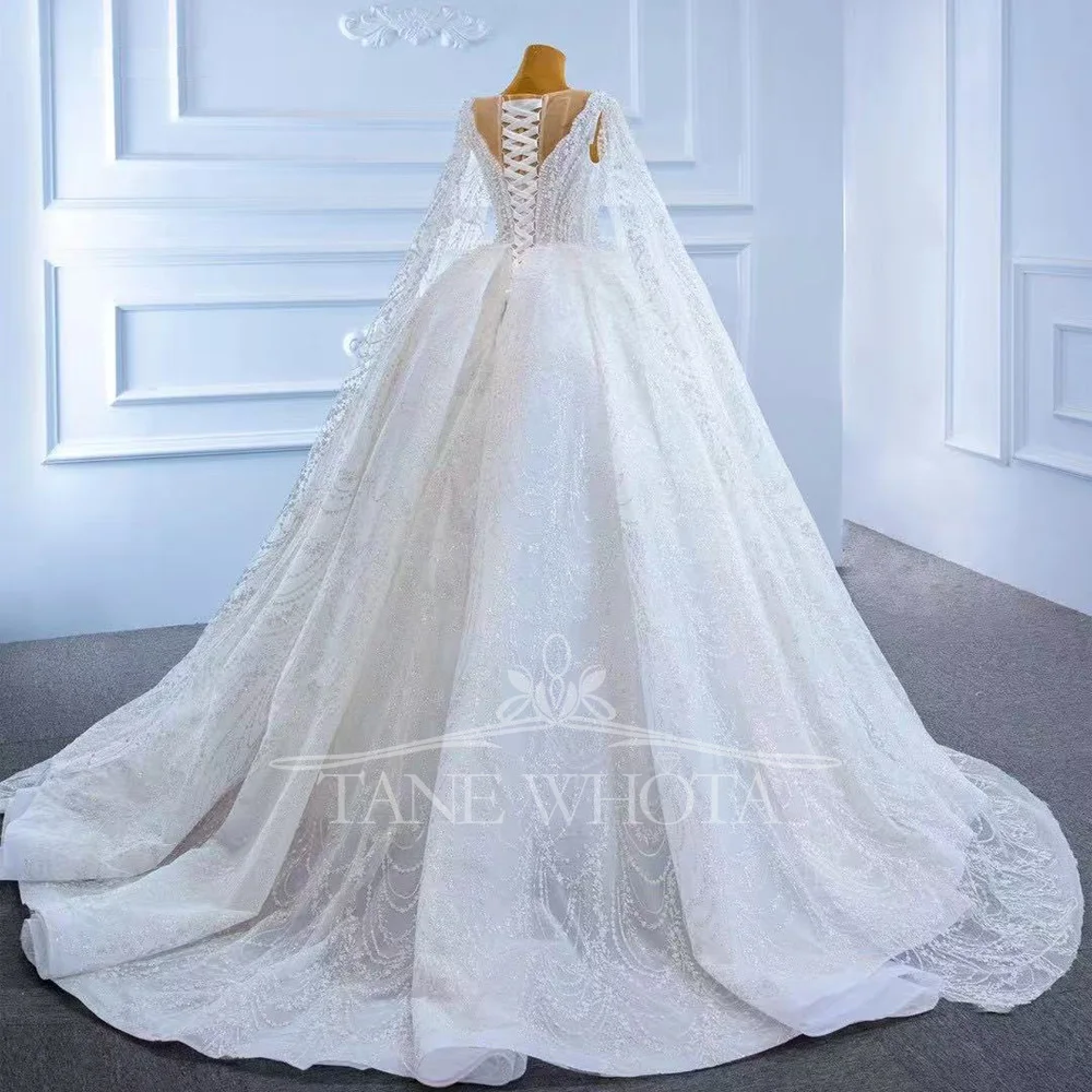 Vestido Casamento 2025 Белые свадебные платья с круглым вырезом и длинными рукавами на шнуровке сзади, расшитые бисером и блестками по индивидуальному заказу