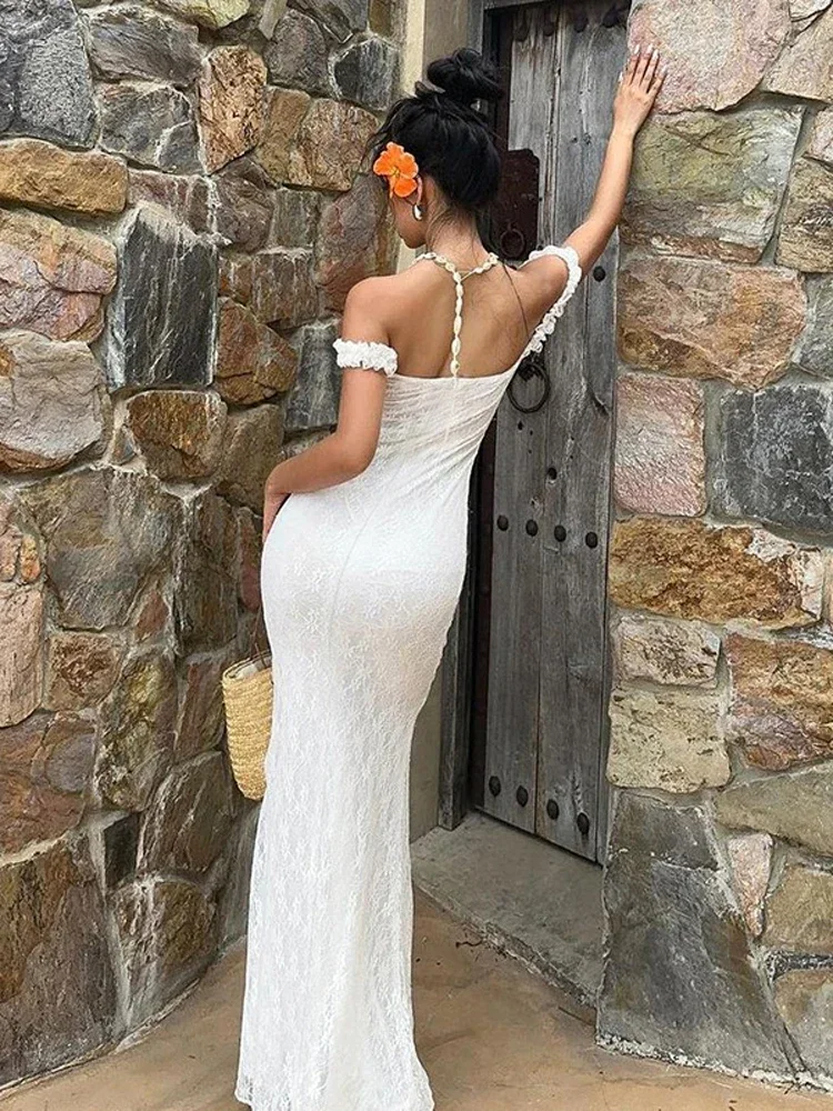 

Sexy White Lace Sling Long Dress Women Chic Off-shoulder Waist Cinching Pleated Backless Dresses Lady Vacation Party Gowns 2026