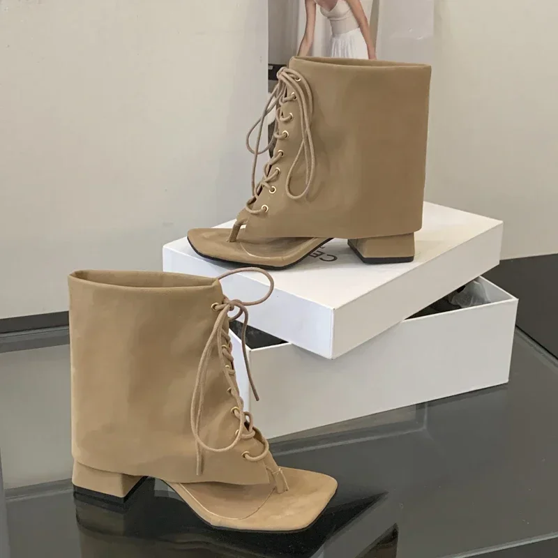 Aneikeh Design Vintage Clip Toe 2026 Street Style  Square Low Heels Women Ankle Boots Sandals Fashion Cross Lace-up Shoes