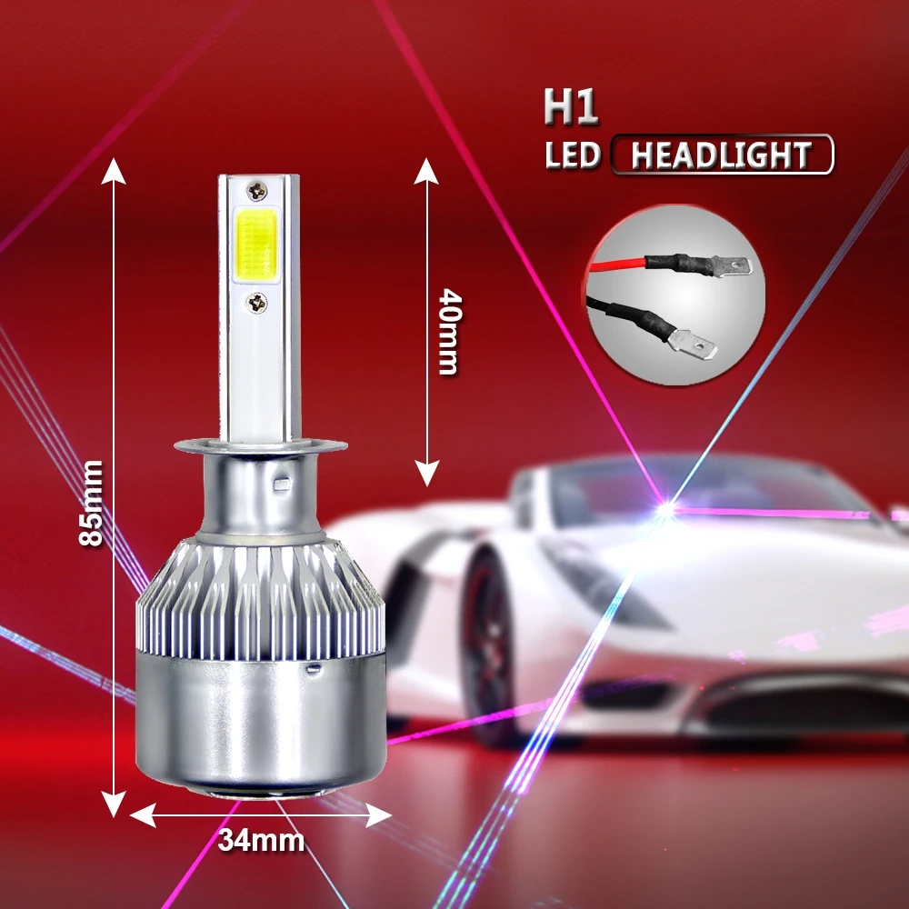 2Pcs C6 LED H1 Super Bright Light Car Headlight Bulb Auto Headlamp 6000k White Light 10000LM 70W COB Chip