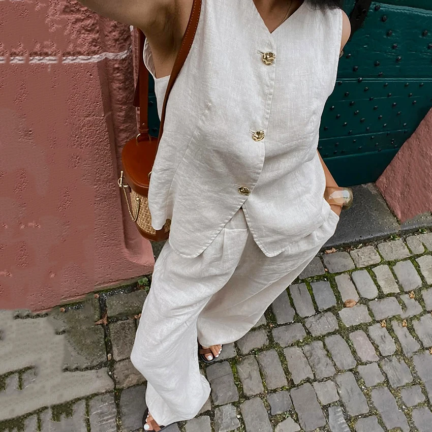 

Linad офисный женский однобортный жилет с широкими брюками, комплекты из двух предметов, женские весенние 2026, элегантные свободные брюки цвета хаки, наряды