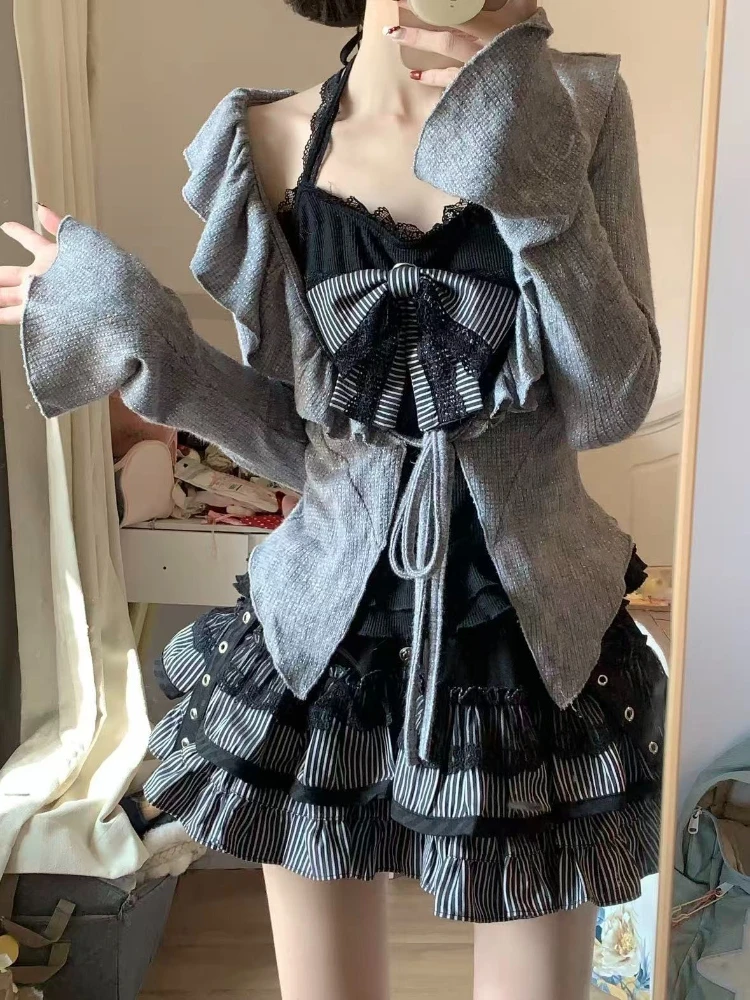 Women Y2k Sweet Japanese Preppy 2 Piece Set Kawaii Lace Spliced Bow Shirts Plaid Mini Skirt Fashion Daily Matching Outfit Suit