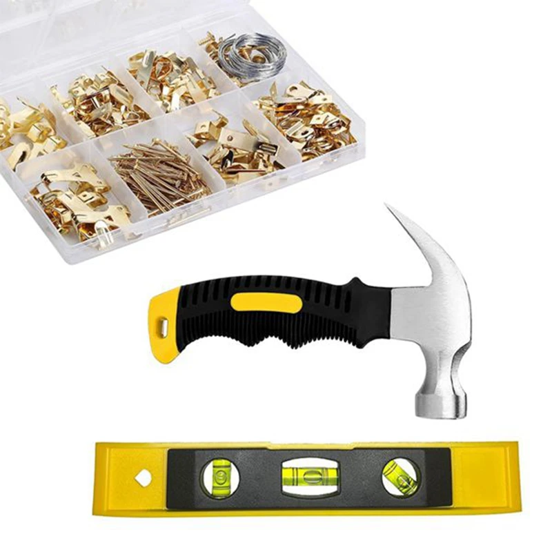 

222Pcs Picture Hanging Kit, Hammer, Level, Picture Hanger Assortment, Heavy Duty Frame Hooks With Nails, Hanging Wire Durable