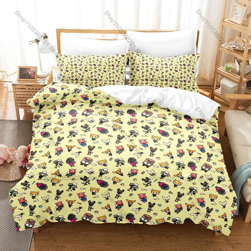 Personality Aggretsuko Anime Bedding Set New Soft Duvet Cover Pillowcases Cute Red Panda Print Bed Set for Kids Adults Bedroom D