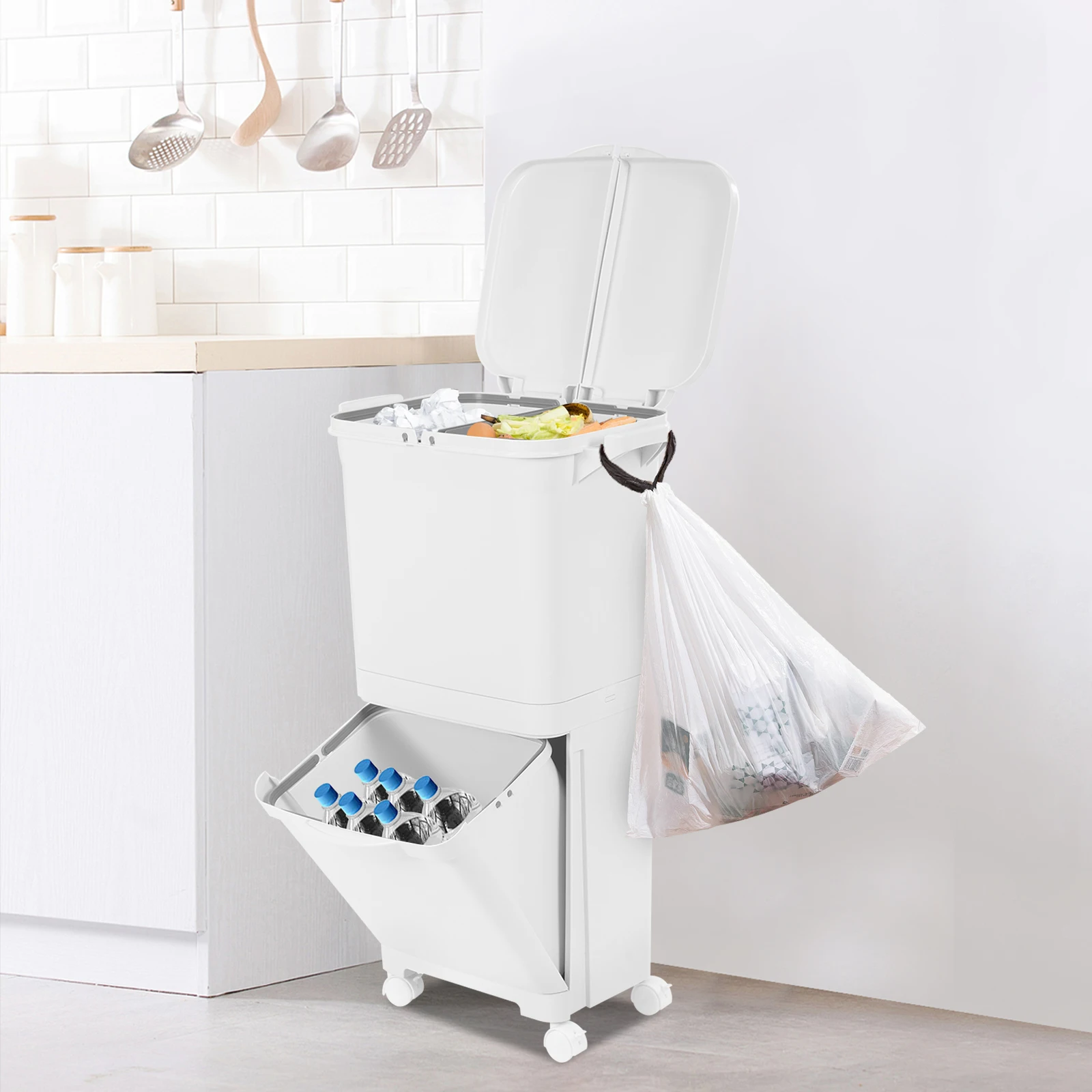 Weißer 45-Liter-Mülleimer aus PP, klassifiziert, Küchen-Mülleimer, Sortier-Mülleimer, vertikaler Mülleimer für Küchen, Schlafzimmer, Badezimmer – Detail 23