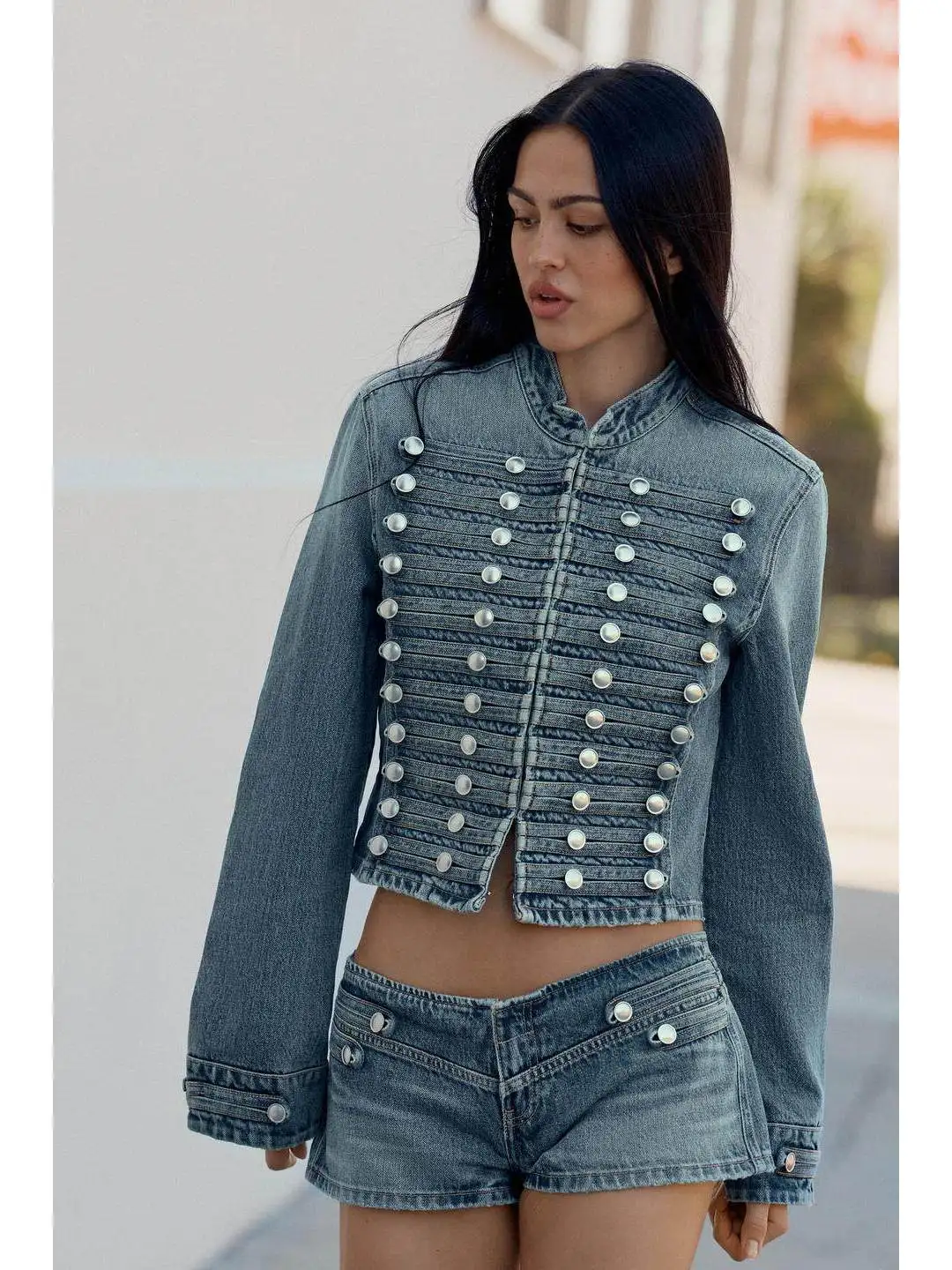 

Low Waist Denim Shorts round Neck Long Sleeve Outerwear Women's Spring Fashion Set No Brand Registered Trademark