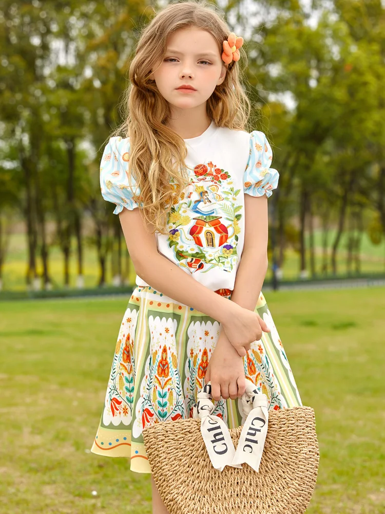 Summer skirt set short-sleeved T-shirt cartoon printed top with skirt