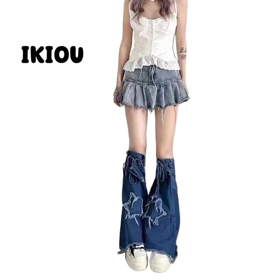 IKIOU Y2K Blue Washed Denim Leg Warmers with Star Embroidered Design and Unique Drawstring Fastening