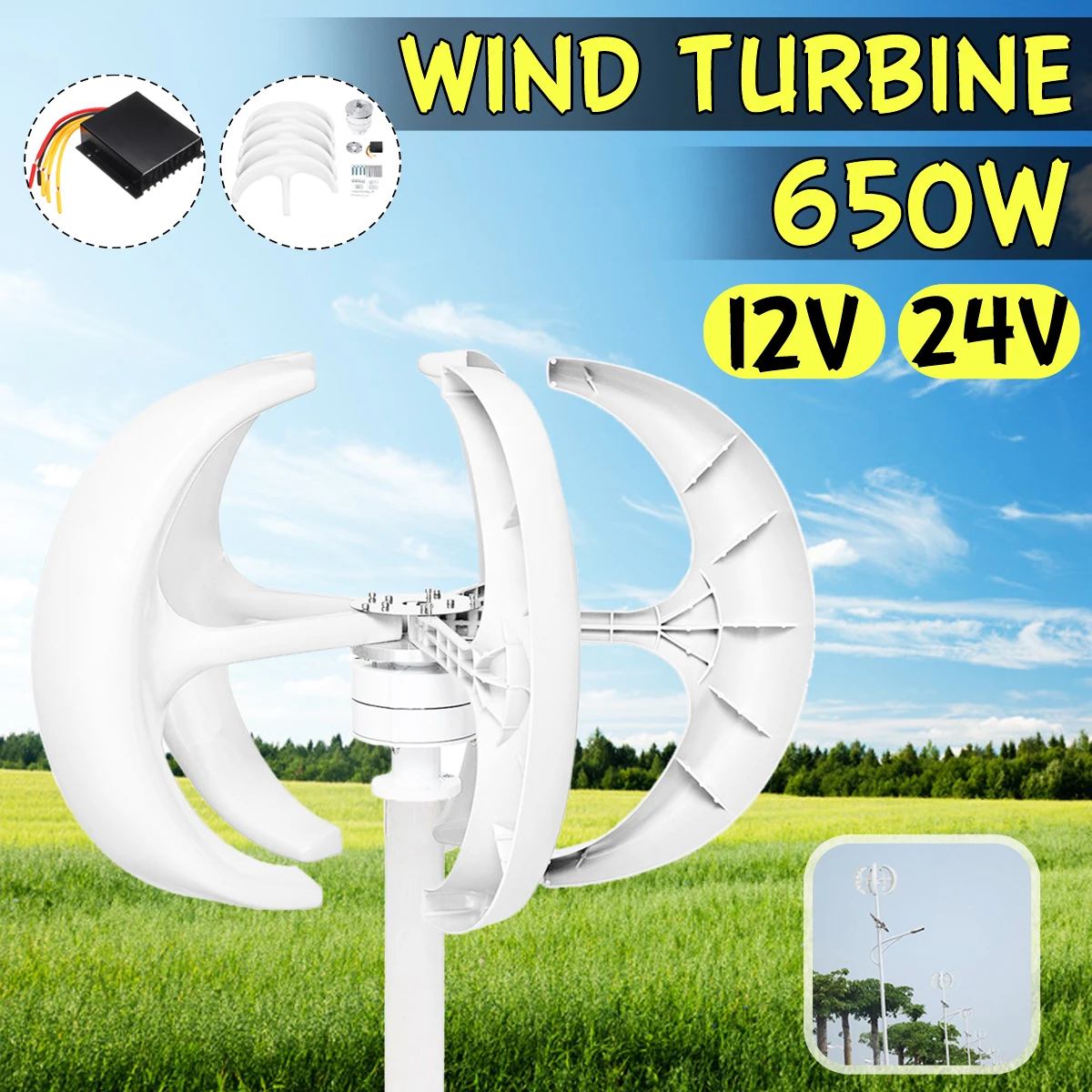 400W Wind Turbine Generator Vertical 12V 24V 5 Blades small windmill with MPPT Controller Suitable for Buildings