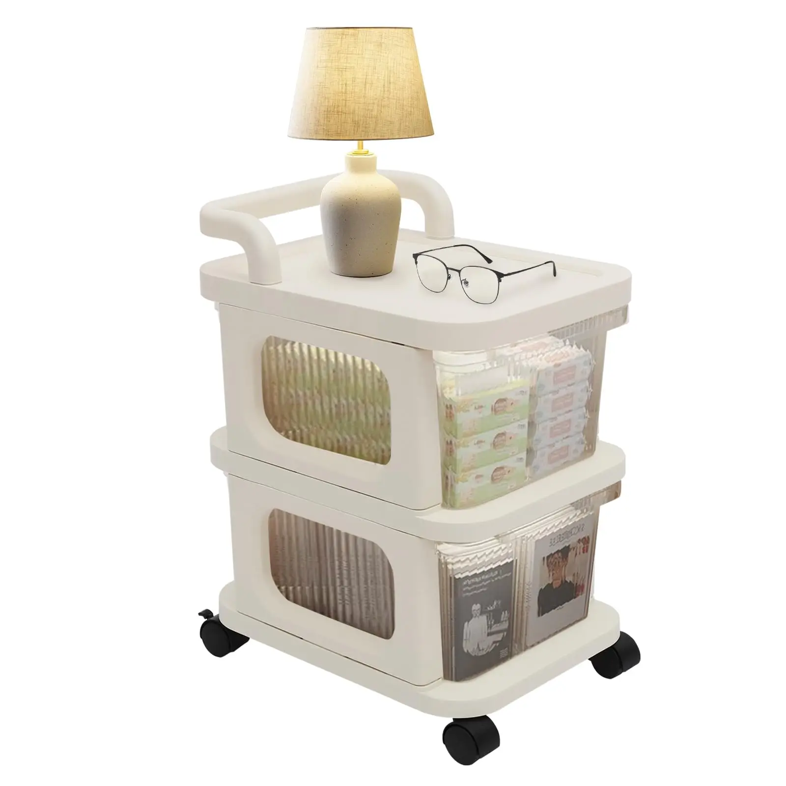 

Plastic Storage Drawer Cart with 2 Clear Drawers, Home Organization Storage Container 4 Wheels