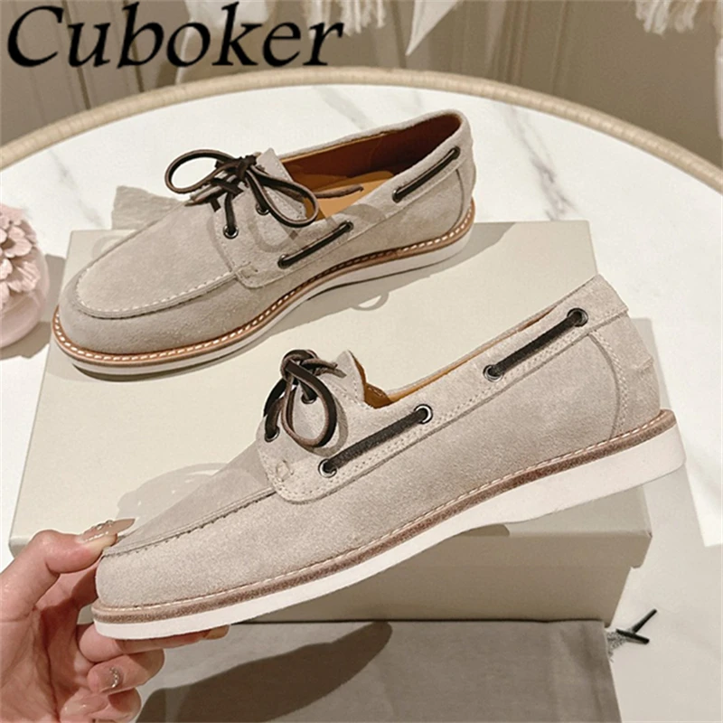 

2024 Spring Suede Lace Up Flat Loafers Shoes For Lovers Round Toe Slip-on Casual Shoes Women&Men Outside Walking Couple Shoes