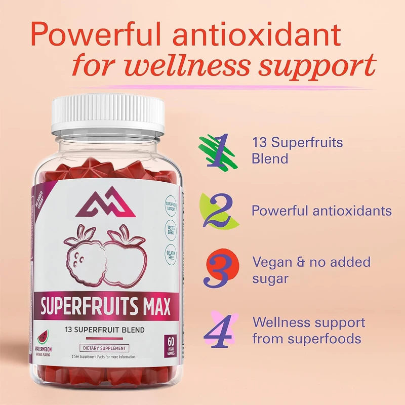 

60 vegetarian gummies with complex vitamins, 13 natural super fruits, rich in vitamins A, C, E, zinc, immunity, energy