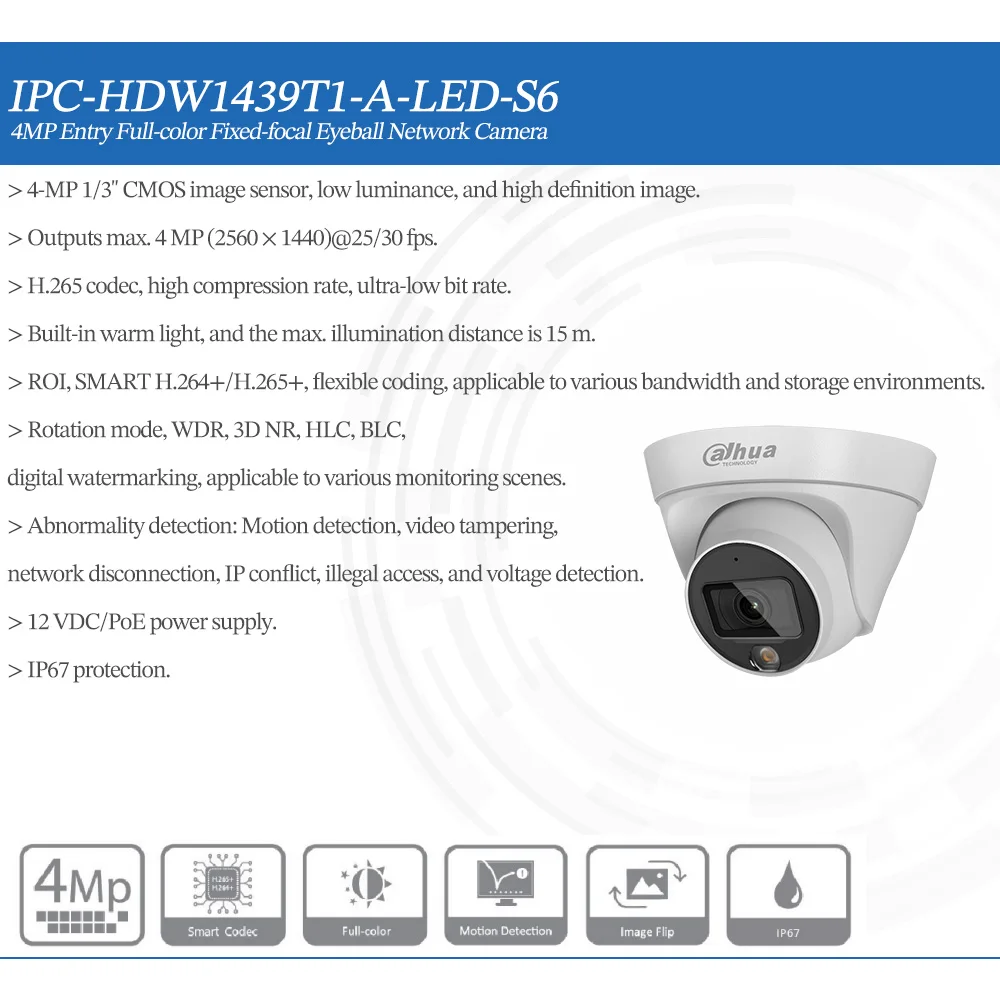 Imagem -05 - Dahua Original Ipc-hdw1439t1-a-led-s6 mp Entrada Poe Câmera de Rede de Globo Ocular Focal Fixo em Cores Microfone Embutido Detecção de Movimento