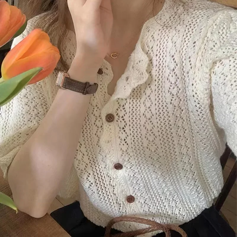 

Милый летний однотонный женский вязаный кардиган с короткими рукавами, модный повседневный свободный тонкий шелковый топ с v-образным вырезом, новинка