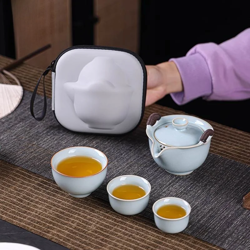 

Портативный керамический чайный набор для путешествий, походный набор для чаепития Кунг-фу, чайник и чашки с защитой от ожогов, для пикника и кемпинга