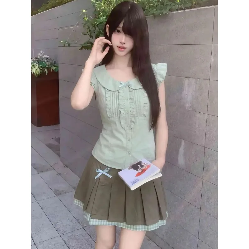 Japanese Skirt Sets Y2k Harajuku Light Green Sweet Collar Flying Sleeve Shirt Pleated Skirt Chic Subculture 2pcs 여성