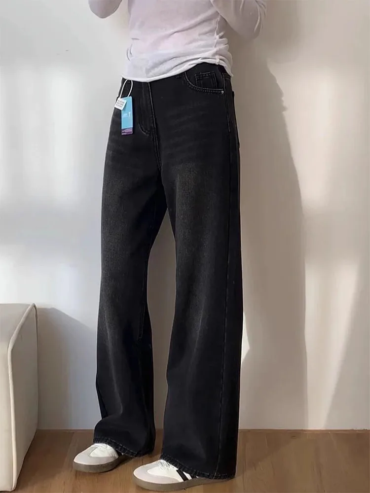 ارتفاع الخصر بلا الجينز النساء فضفاض بنطال ذو قصة أرجل واسعة مستقيم قطع عادية Sle الخريف جديد حجم كبير طول الأرض بنطلون #5