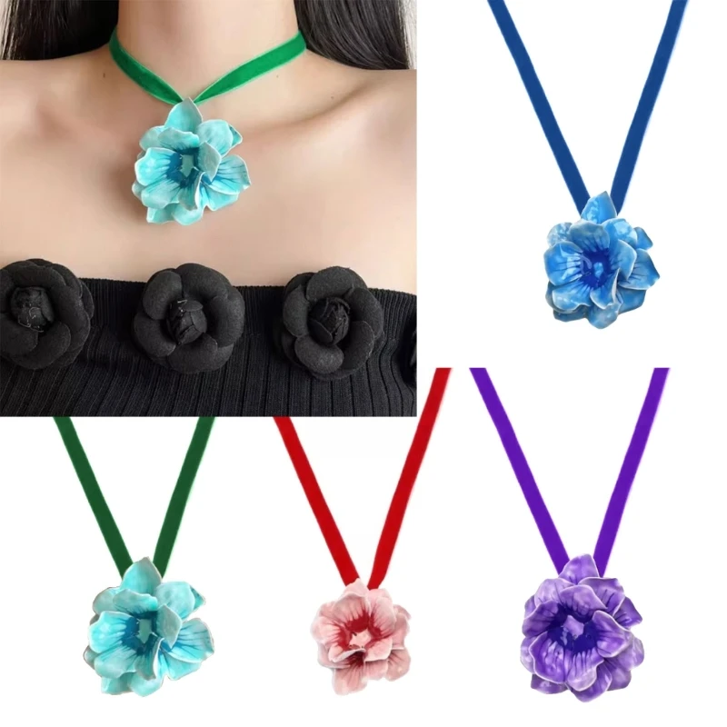 Elegant Enamel Flower Choker for Women Flower Necklace All Matching Long Necklace Evening Dress Necklace Sweater Chain