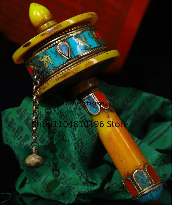 Tibet Buddhism Hand-set Gemstones Prayer Wheel Tibetan Buddha Statue