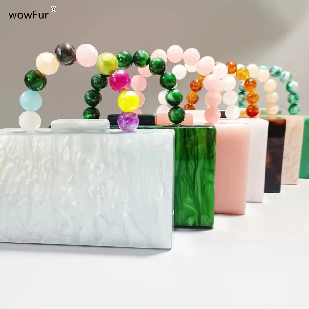 New Lemond Green Acrylic Bead Chain Handle Evening Bags Women Clutch Purses And Handbags Designer Luxury Wedding Party Mini Flap